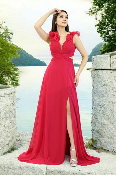 FaBe Fashion FRONT PLEATED SHOULDERS AND BACK FLUFFY SLIT CHIFFON WEDDING- ENGAGEMENT DRESS