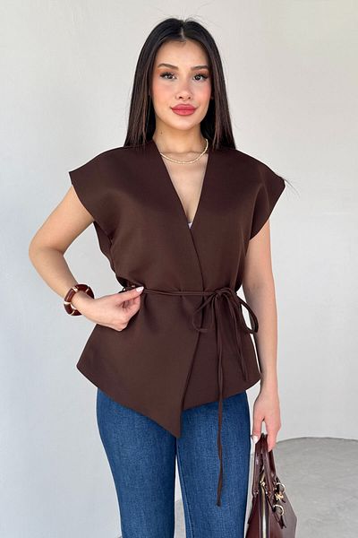 Cappmoda CKT-12448 Καφέ Δαντελένιο Γιλέκο με Λεπτομέρεια