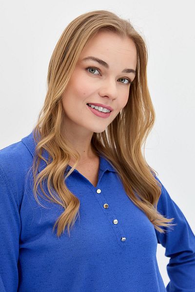 Desen Triko Bluză de bază Angelina cu gât polo pentru femei S.albastru