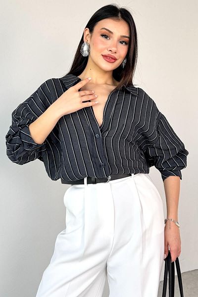 Cappmoda Gml-4758 Black Pinstripe Oversize Shirt