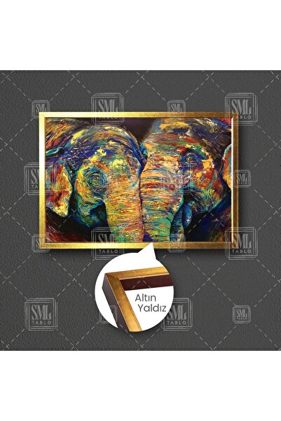 SML TABLO Fil Çifti Yağlı Boya Efektli Hayvan Doğa Afrika Çerçeveli Yatay Kan...