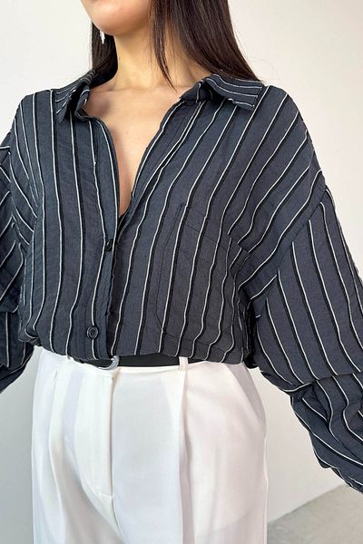 Cappmoda Gml-4758 Black Pinstripe Oversize Shirt