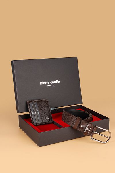 Pierre Cardin -Set 1- 100% Genuine Leather Special Gift Boxed Groom Belt Wallet Dowry Set Flotur Kahv