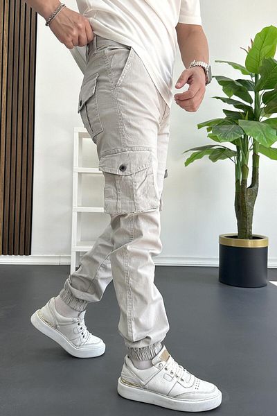 Edwox Men's Elastic Leg Cargo Pocket Trousers Stone Color Edw353