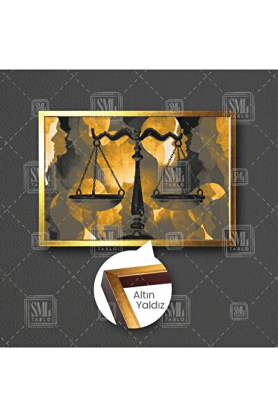 SML TABLO Sarı Tonlu Terazi Avukatlık Ofisi Hukuk Bürosu Dekor Çerçeveli Yata...