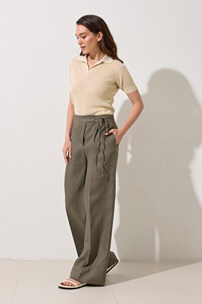 Setre Haki Belden Bağlama Detaylı Rahat Kesim Keten Pantolon