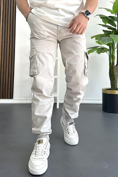 Edwox Men's Elastic Leg Cargo Pocket Trousers Stone Color Edw353