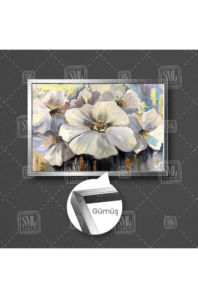 SML TABLO Altın Yaldızlı Beyaz Büyük Çiçekler Çerçeveli Yatay Kanvas Tablo