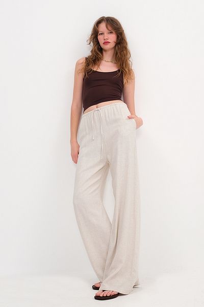Addax Linen Blended Tie Wide Leg Pants Pn16649