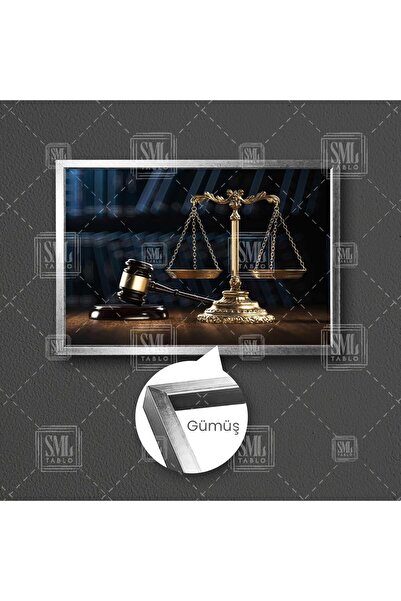 SML TABLO Gold Adalet Terazisi Hukuk Bürosu Dekor Çerçeveli Yatay Kanvas Tablo