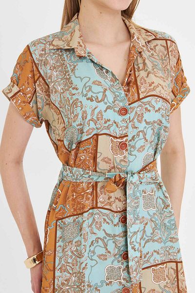 armonika Women's Turquoise Patterned Short Sleeve Shirt Dress with Belted Waist Arm-22Y 001007