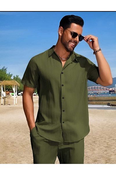 YNGMENCLASS Non-Sweating Textured Men's Shorts Shirt Set