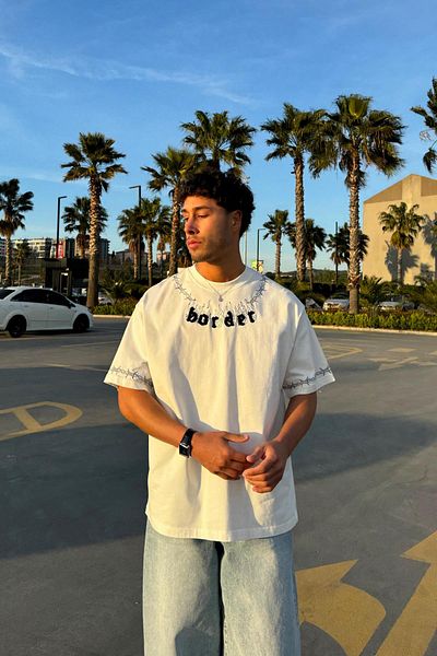 Flaw Wear Washed White T-Shirt with Border Embroidery
