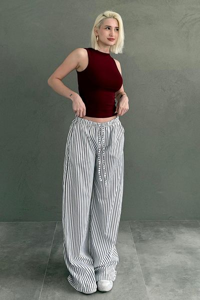 Madmext White Adjustable Waist Striped Pocket Wide Leg Women's Trousers Mg2312