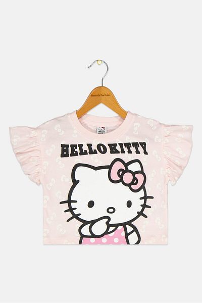 Hello Kitty بلوزة بطبعة قطة بأكمام قصيرة ورقبة دائرية للفتيات الصغيرات، باللون الوردي