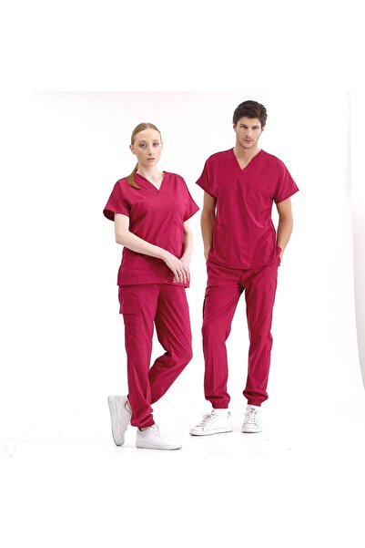ÇİZGİ MEDİKAL VİŞNE Jogger Scrubs Lüks Likralı Greys Takım