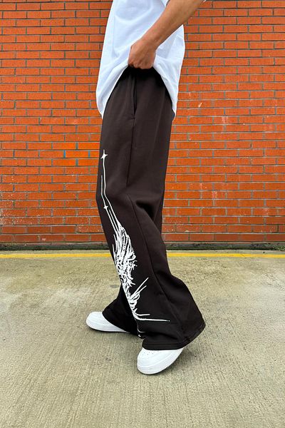 Flaw Wear Lightning Print Detail Brown Sweatpants