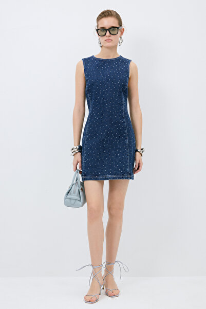 adL Taş Detaylı Denim Elbise