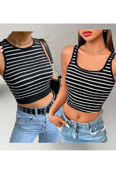 Stail Moda قميص نسائي مخطط مكون من قطعتين بحزام سميك ومرن وياقة مربعة وياقة مربعة رياضية قصيرة قميص داخلي يومي