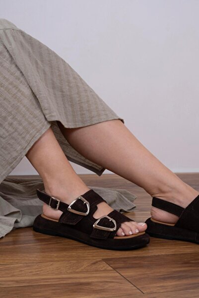 sovrana Real Leather Two Belt Sandals Bitter Brown Suede