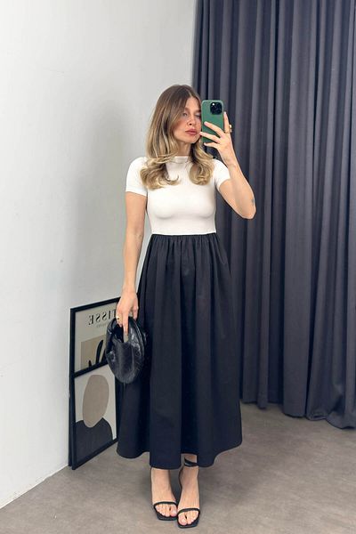 Sue Store Λευκό μαύρο κοντομάνικο φόρεμα με καμπάνα