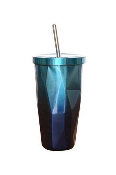 HALAMODO Stainless Steel Double Wall Tumbler With Straw And Lid Blue 10.2 x10.2x18centimeter