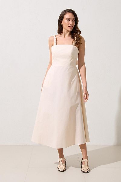 Setre Cream Strap Detailed Waist Fitted Full Fit Relaxed Cut Cotton Dress