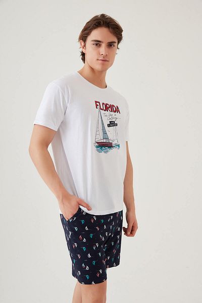 koza iç giyim Men's Cotton Short Sleeve Marine Printed Pocket Shorts Suit