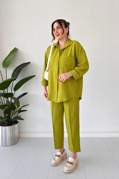 MaziButik Linen Double Suit Oil Green