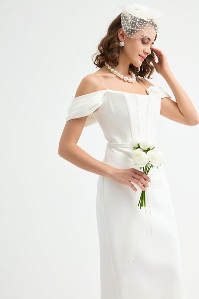 Lafaba Women's White Corset Detailed Midi Pencil Evening Dress