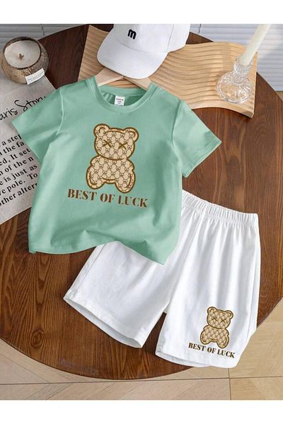 vinraus Girl\Boy Water Green-White Best of Luck Printed Combed Cotton Shorts-Tshirt Set