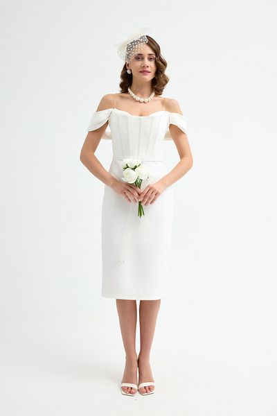 Lafaba Women's White Corset Detailed Midi Pencil Evening Dress