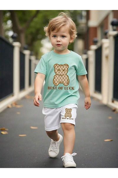 vinraus Girl\Boy Water Green-White Best of Luck Printed Combed Cotton Shorts-Tshirt Set