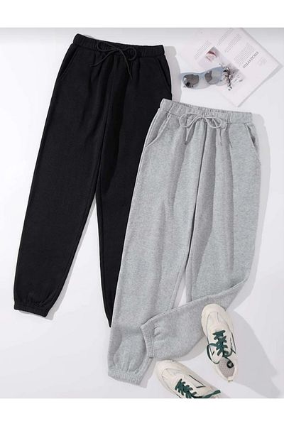 MNKSPORT 2 ΤΕΜ Jogger Sweatpants-μαύρο και γκρι λαστιχένιο πόδι ψηλόμεσο