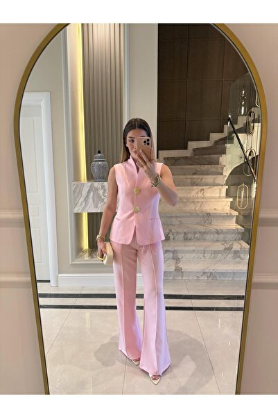 CKBUTİK Pembe Londra Yelek-Pantolon İkili Takım