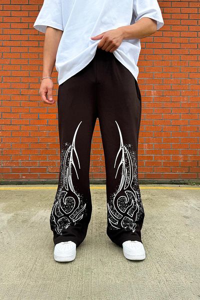 Flaw Wear Etnical Print Detail Brown Baggy Sweatpants
