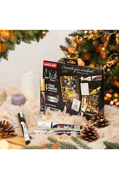 UNİ-BALL Set of 4 chalk markers Christmas Edition glass decoration with 2 UNI Scandinavian stencils