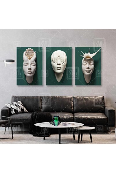 SML TABLO Gözleri Kapalı Petrol Yeşili Duvardan Çıkan Heykel Üçlü Kombin 3 lü...
