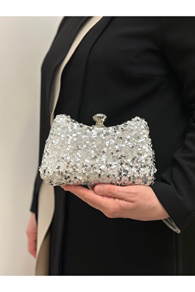 mossi Silver Sequin Sequined Clutch Evening Dress Bag with Armrest Strap and Chain Strap