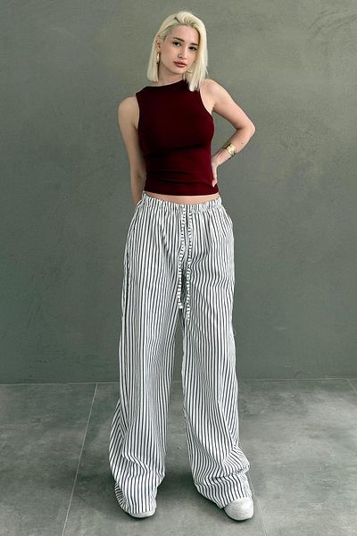 Madmext White Adjustable Waist Striped Pocket Wide Leg Women's Trousers Mg2312