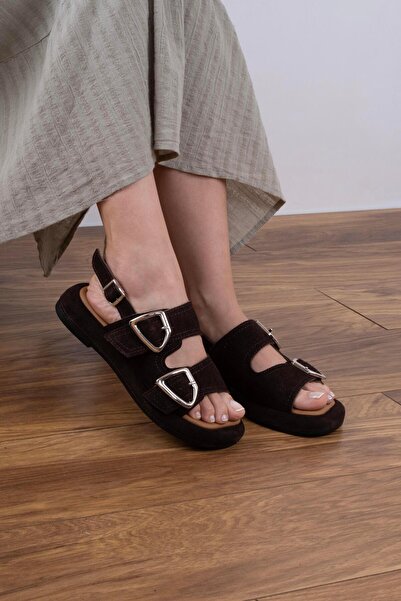 sovrana Real Leather Two Belt Sandals Bitter Brown Suede