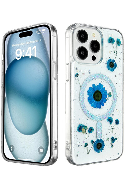 NewFace حافظة آيفون 15 برو ديزي لامعة Magsafe - أزرق SPTGL