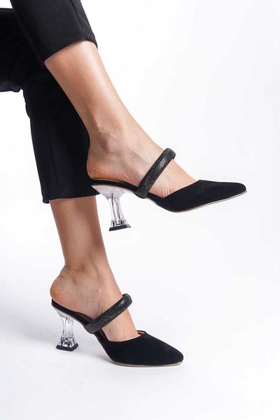 Weynes Rochie de seară cu toc transparent, neagră, 7 cm, pentru femei, pantofi și papuci cu toc WSB0670