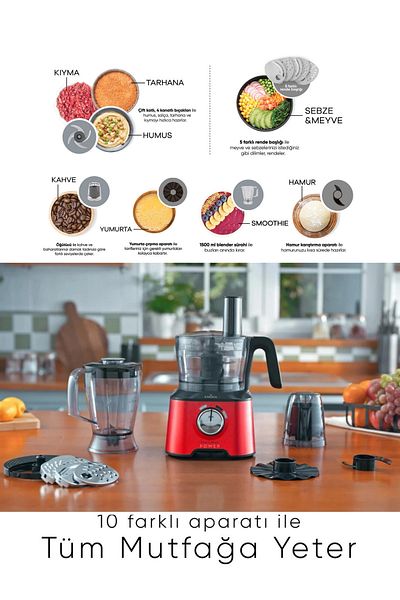 Karaca 2000W Ultra Power Kitchen Food Prep Kit - Food Processor and Blender Set