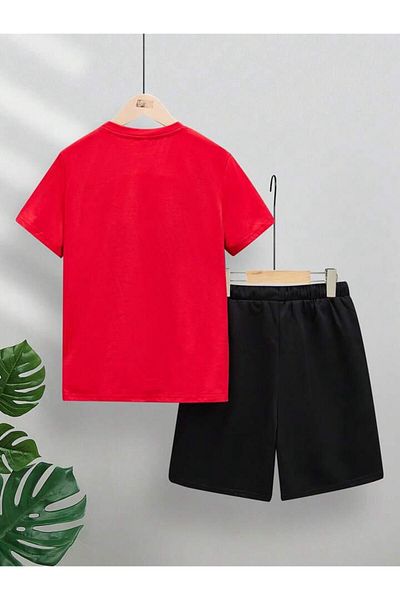 vinraus Girl\Boy Red-Black Spotted Basketball Player Printed Combed Cotton Shorts-Tshirt Set
