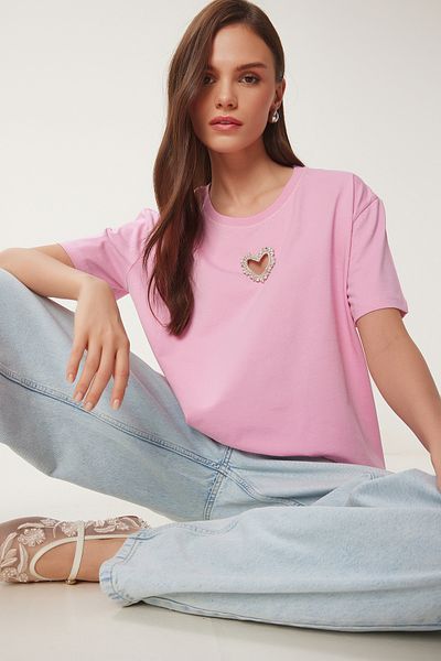 Lovelyİstanbul Tricou tricotat din bumbac cu accesorii inimă strălucitoare ROZ LNS0024