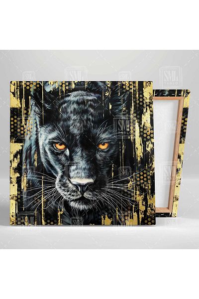SML TABLO Tablou pătrat pe pânză cu aspect dur Jaguar Animal Decor cu detalii aurii