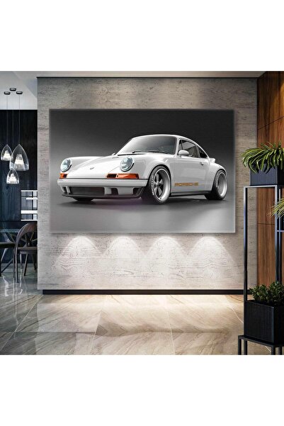 SML TABLO Beyaz Porsche Efsane Klasik Araba Yatay Kanvas Tablo