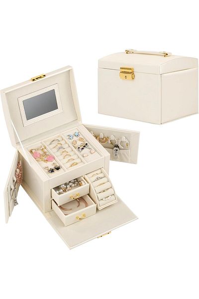 COOYA Large Jewelry Holder Organizer with Mirror, 3 Drawers for Bracelets, Earrings, Rings, Necklaces
