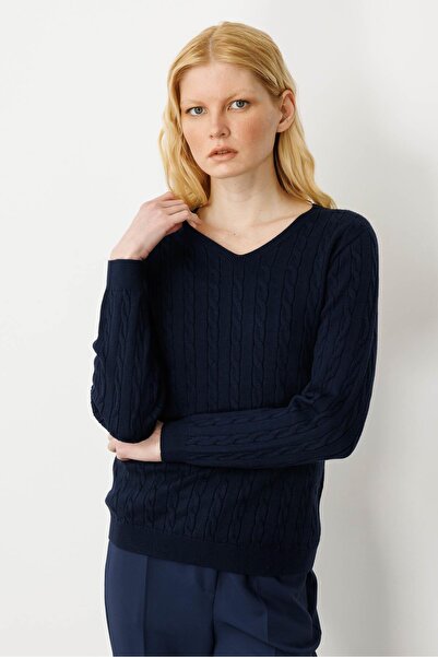 Desen Triko سترة نسائية مضفرة ذات شعر كامل ورقبة على شكل حرف V باللون الأزرق ...